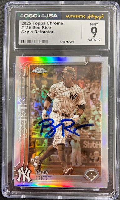 Ben Rice 2025 Topps Chrome Sepia Refractor Rookie Card #139 CGC 9 Auto 10