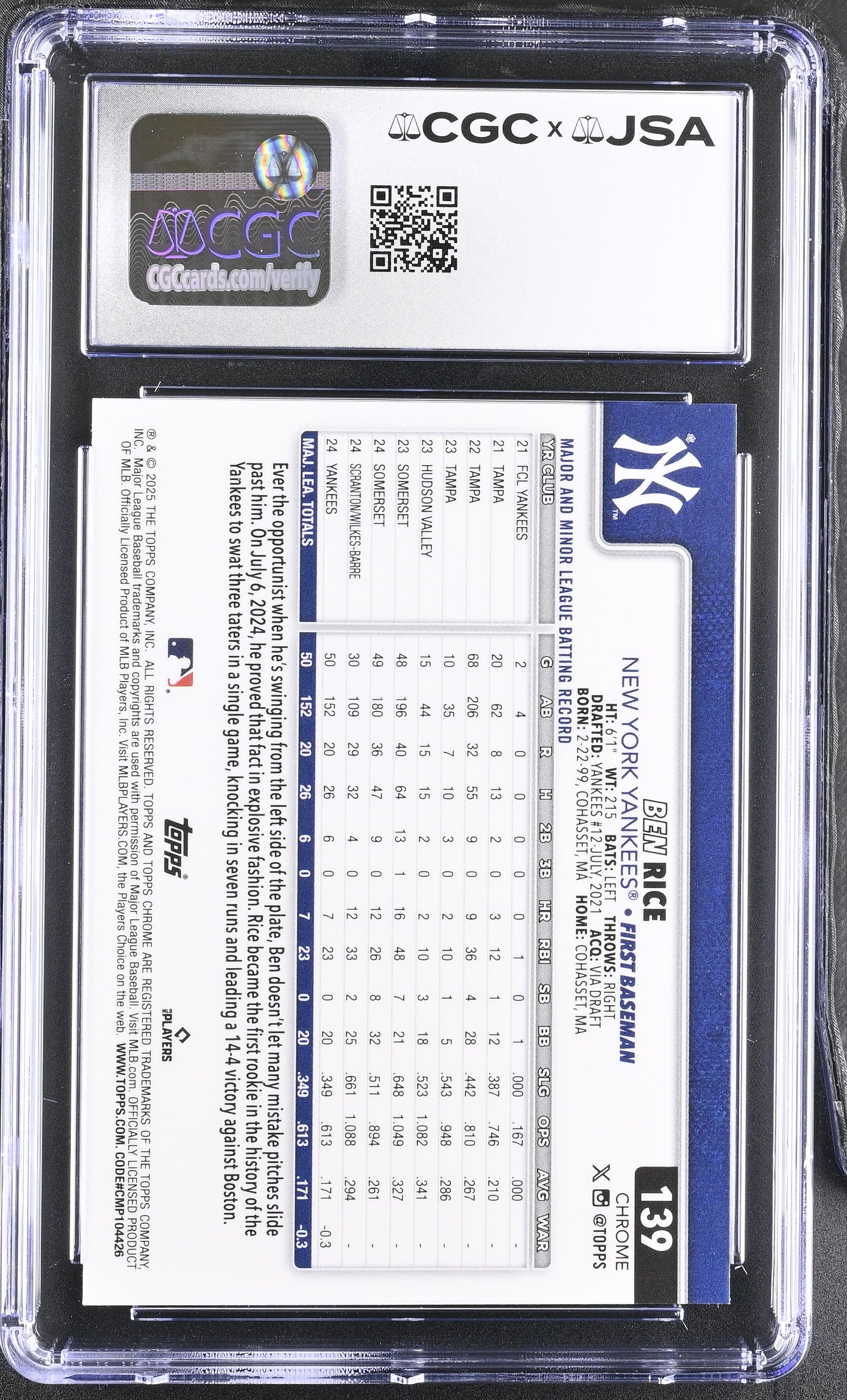 Ben Rice 2025 Topps Chrome Blue Refractor Rookie Card 139 CGC 8 Auto 9 /150-Powers Sports Memorabilia