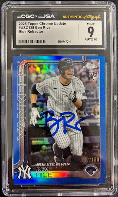 Ben Rice 2025 Topps Chrome Blue Refractor Rookie #USC138 CGC 9 Auto 10 /150-Powers Sports Memorabilia