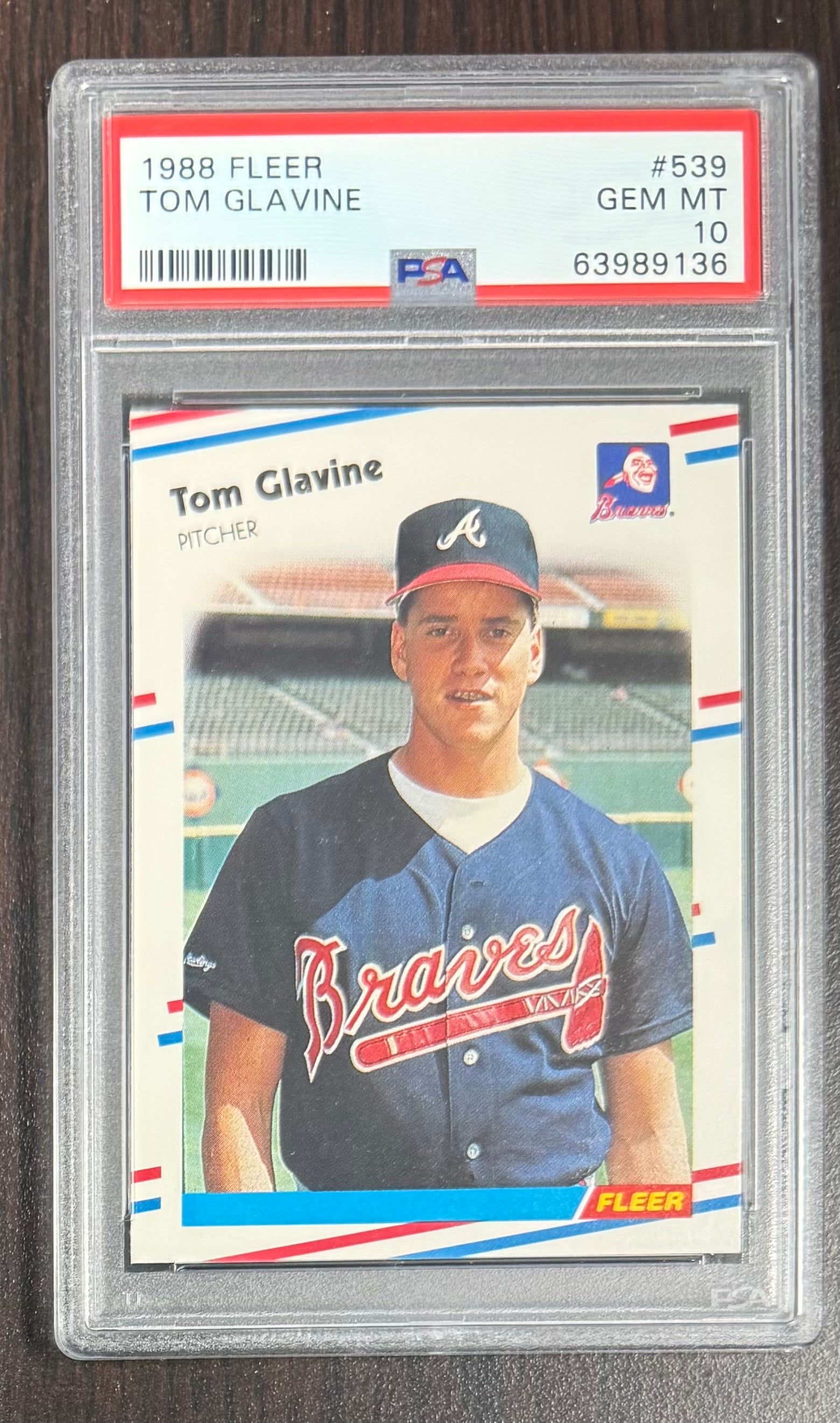 Tom Glavine 1988 Fleer Atlanta Braves Baseball RC Rookie Card #539 Graded PSA 10 Cert #63989136-Powers Sports Memorabilia