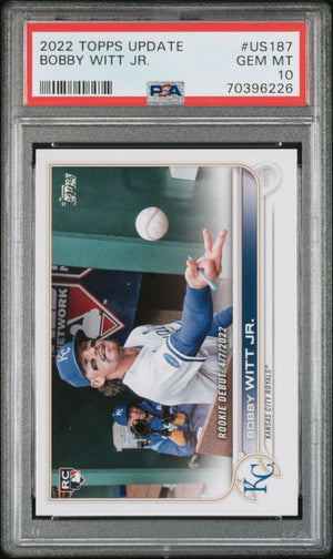 Bobby Witt Jr. 2022 Topps Update Rookie Debut Kansas City Royals Baseball RC Card #US187 Graded PSA 10 Cert #70396226-Powers Sports Memorabilia