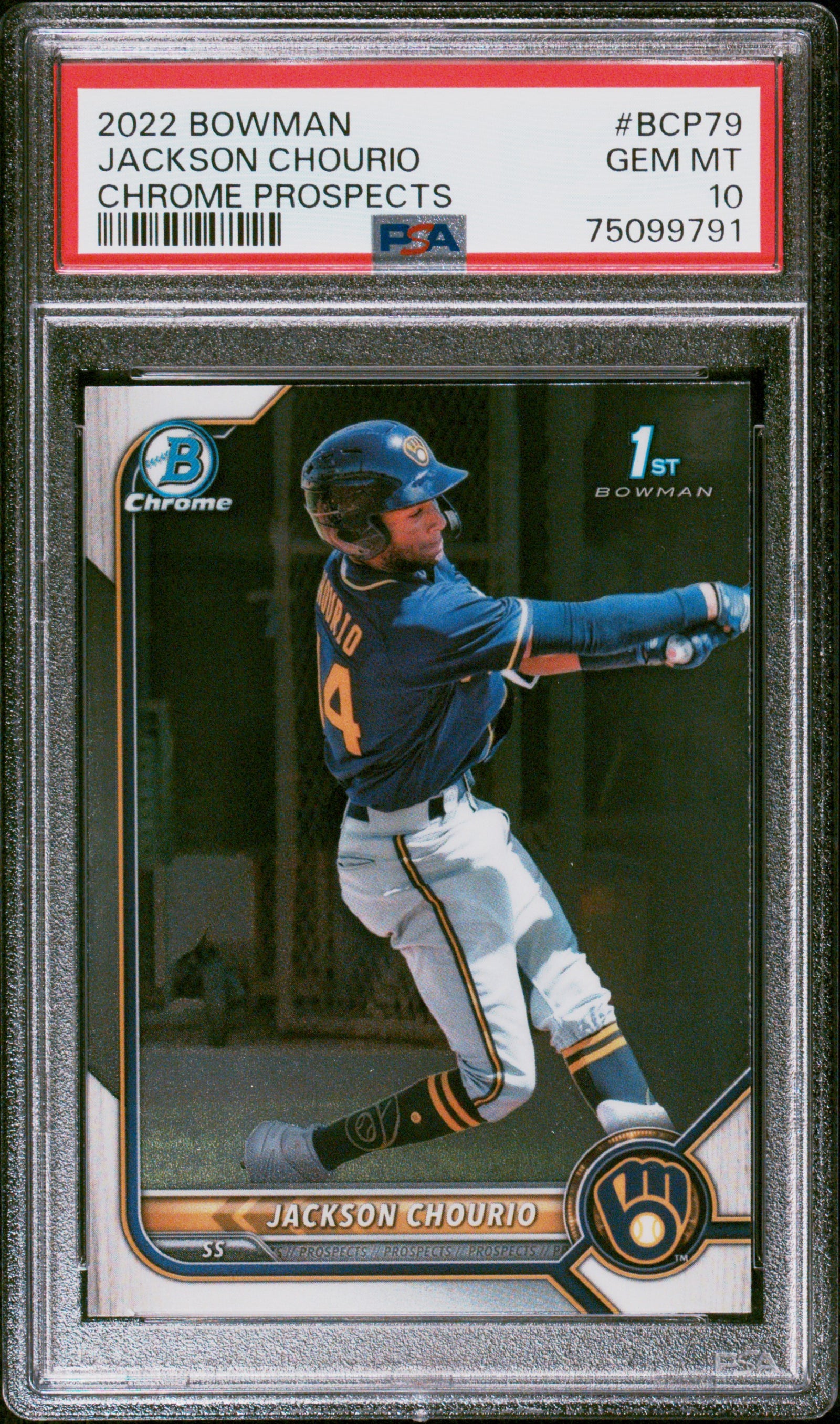 Jackson Chourio 2022 Bowman Chrome Prospects 1st Bowman Milwaukee Brewers Baseball RC Rookie Card #BCP79 Graded PSA 10 Cert #75099791-Powers Sports Memorabilia