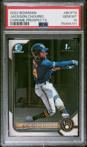 Jackson Chourio 2022 Bowman Chrome Prospects 1st Bowman Milwaukee Brewers Baseball RC Rookie Card #BCP79 Graded PSA 10 Cert #75099791-Powers Sports Memorabilia