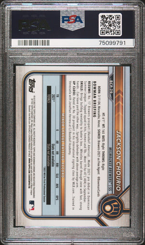 Jackson Chourio 2022 Bowman Chrome Prospects 1st Bowman Milwaukee Brewers Baseball RC Rookie Card #BCP79 Graded PSA 10 Cert #75099791-Powers Sports Memorabilia