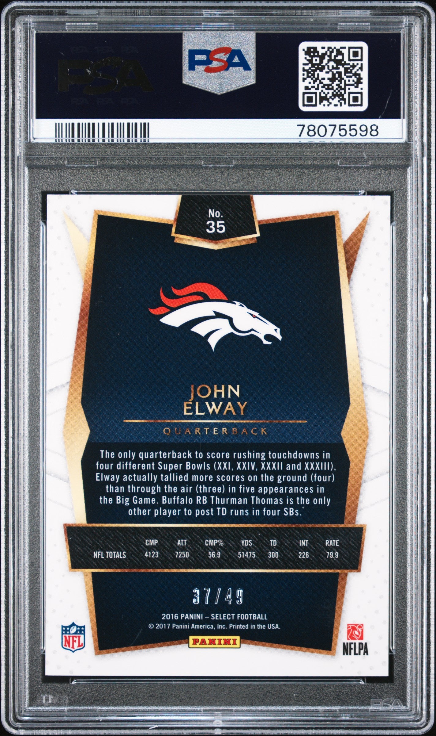 John Elway 2016 Panini Select Orange Prizm Card #35 PSA 9 37/49-Powers Sports Memorabilia