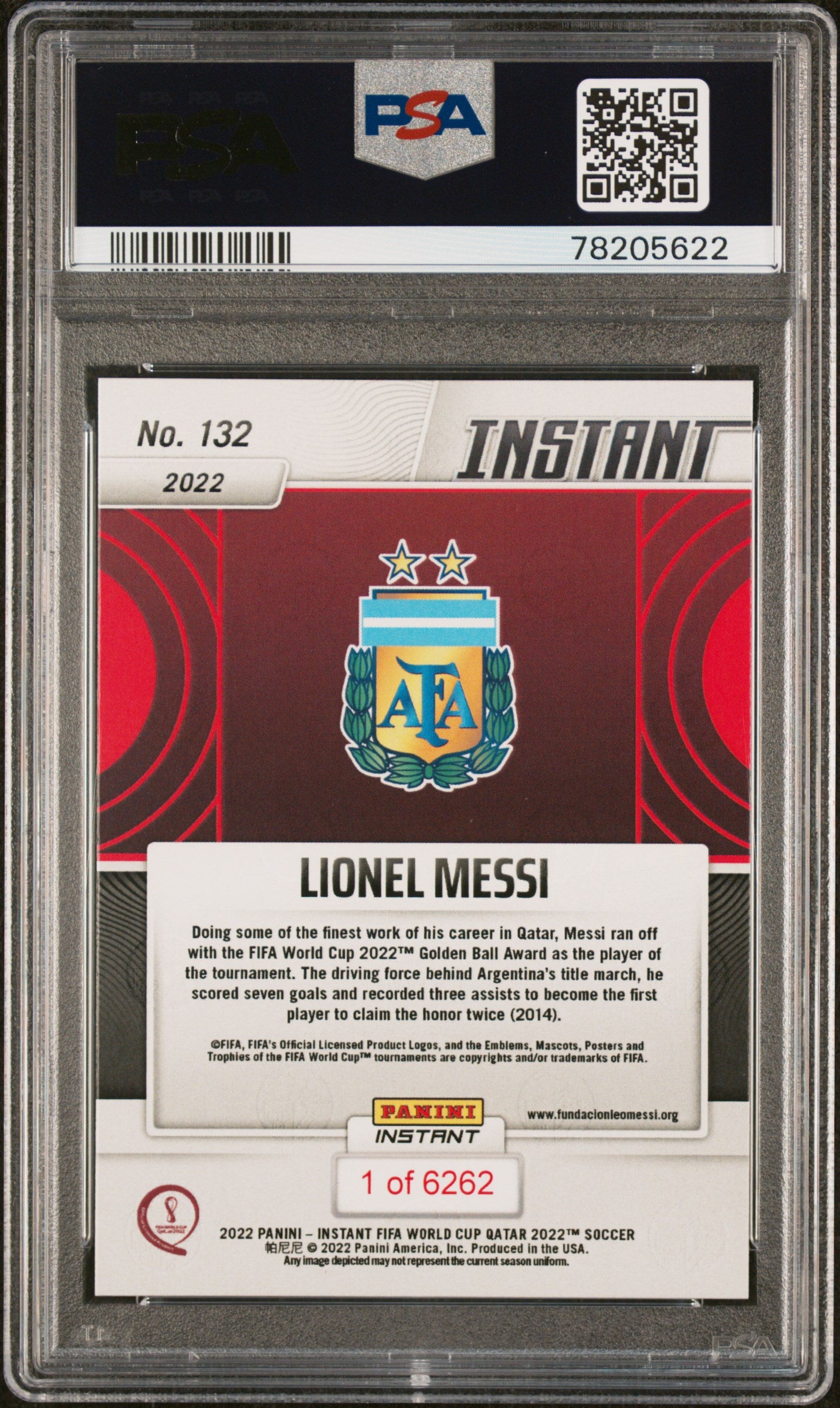 Lionel Messi 2022 Panini Instant FIFA World Cup Qatar Golden Ball Winner Argentina Soccer Card #132 Graded PSA 10 Cert #78205622-Powers Sports Memorabilia