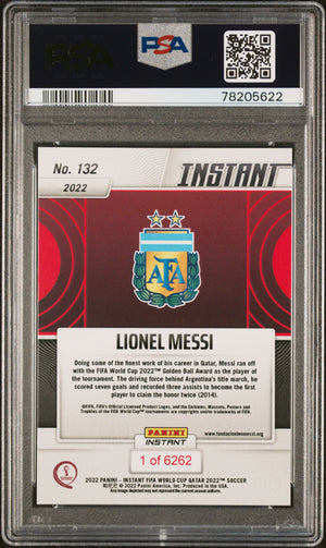 Lionel Messi 2022 Panini Instant FIFA World Cup Qatar Golden Ball Winner Argentina Soccer Card #132 Graded PSA 10 Cert #78205622-Powers Sports Memorabilia