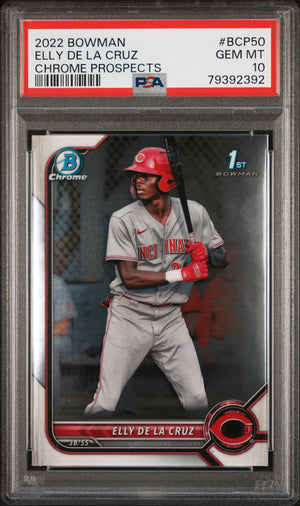 Elly De La Cruz 2022 Bowman Chrome Prospects 1st Bowman Cincinnati Reds Baseball RC Rookie Card #BCP50 Graded PSA 10 Cert #79392392-Powers Sports Memorabilia