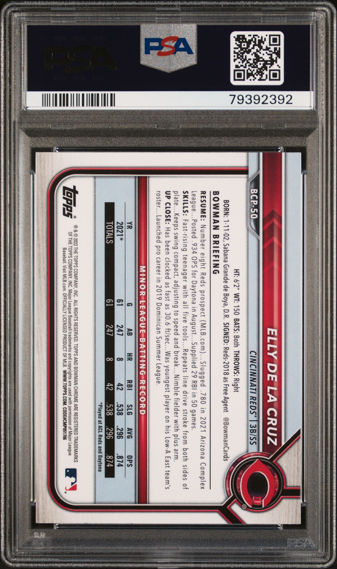 Elly De La Cruz 2022 Bowman Chrome Prospects 1st Bowman Cincinnati Reds Baseball RC Rookie Card #BCP50 Graded PSA 10 Cert #79392392-Powers Sports Memorabilia