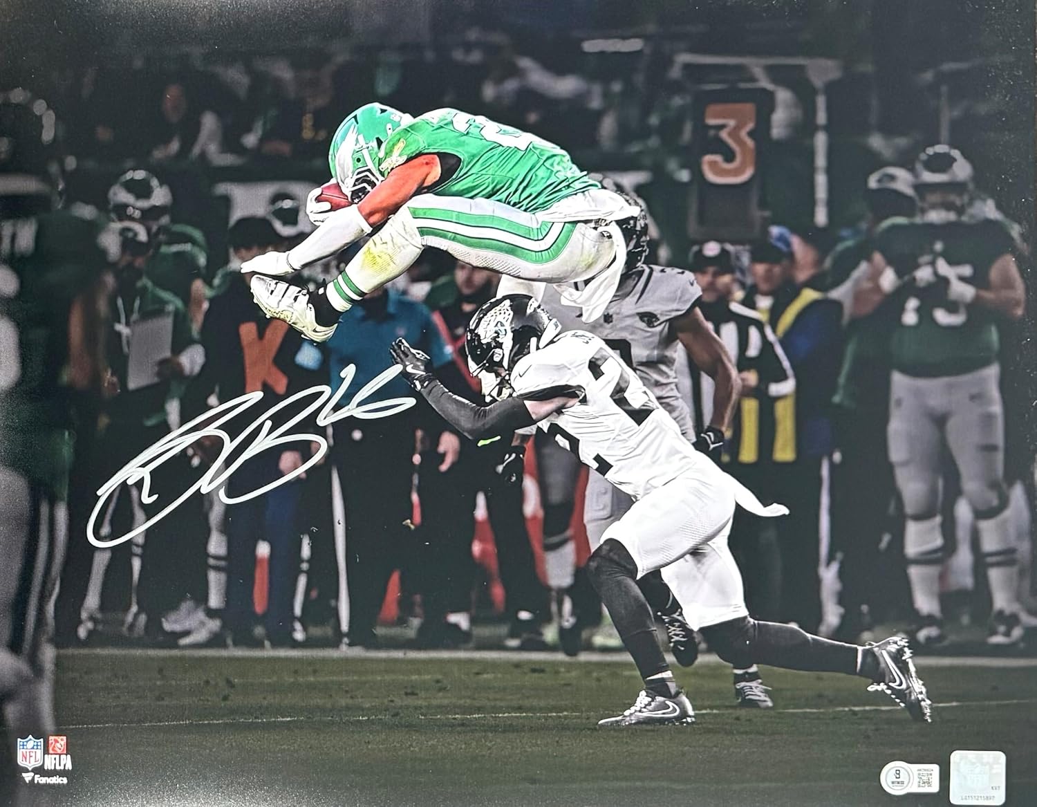Saquon Barkley Autographed Philadelphia Eagles Reverse Hurdle Signed 16x20 Football Photo Beckett Authenticated COA Silver-Powers Sports Memorabilia