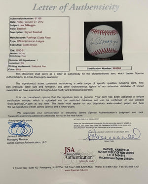 Joe DiMaggio Autographed New York Yankees Signed American League Baseball JSA COA With UV Display Case X65080-Powers Sports Memorabilia