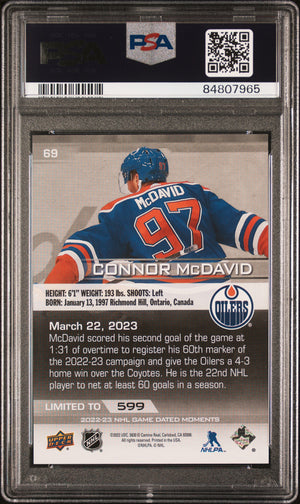 Connor McDavid 2022 Upper Deck Game Dated Moments Hockey Card #69 Graded PSA 10 Cert #84807965 /599-Powers Sports Memorabilia