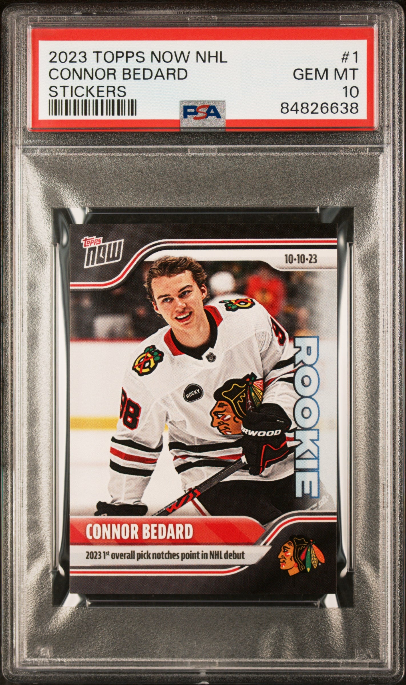 Connor Bedard 2023 Topps Now NHL Stickers Rookie Card #1 Graded PSA 10 Cert #84826638-Powers Sports Memorabilia
