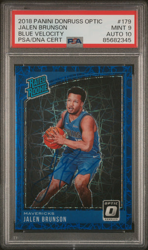 Jalen Brunson 2018 Panini Donruss Optic Blue Velocity Dallas Mavericks Signed Basketball Rated Rookie RC Card #179 Graded PSA 9 Auto 10 Cert #85682345