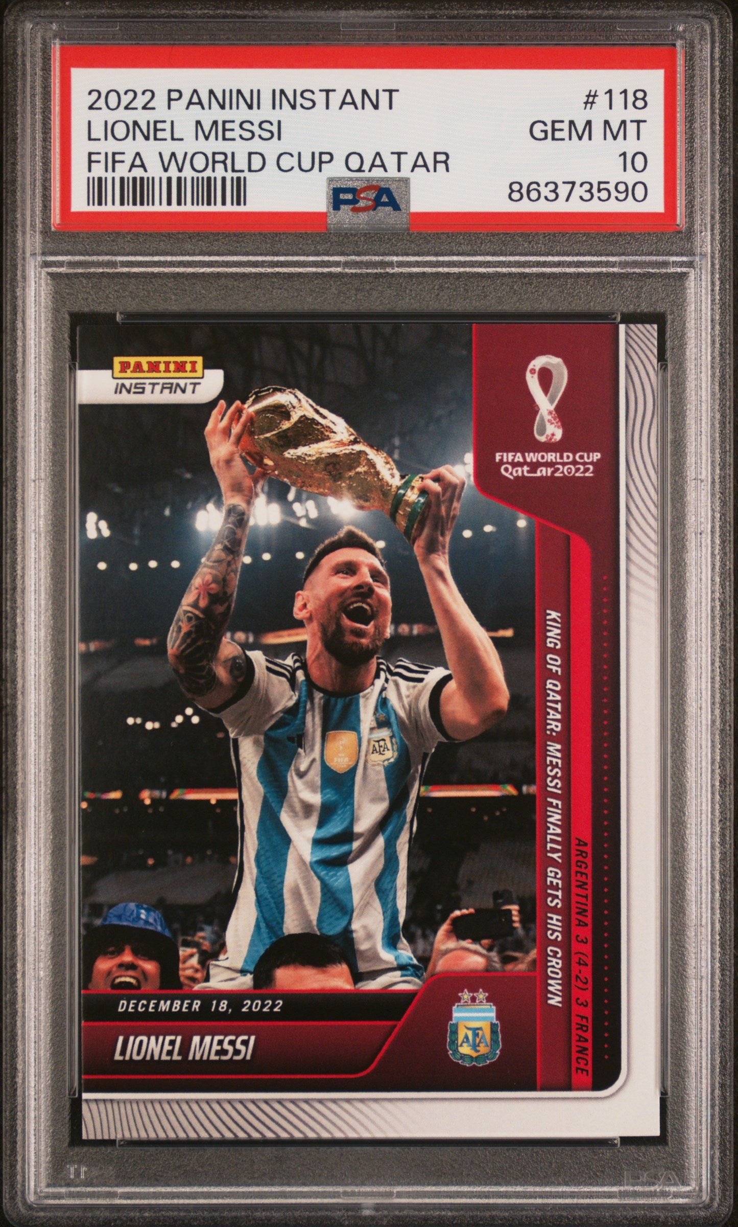 Lionel Messi 2022 Panini Instant FIFA World Cup Champions Qatar Argentina Soccer Card #118 Graded PSA 10 Cert #86373590-Powers Sports Memorabilia