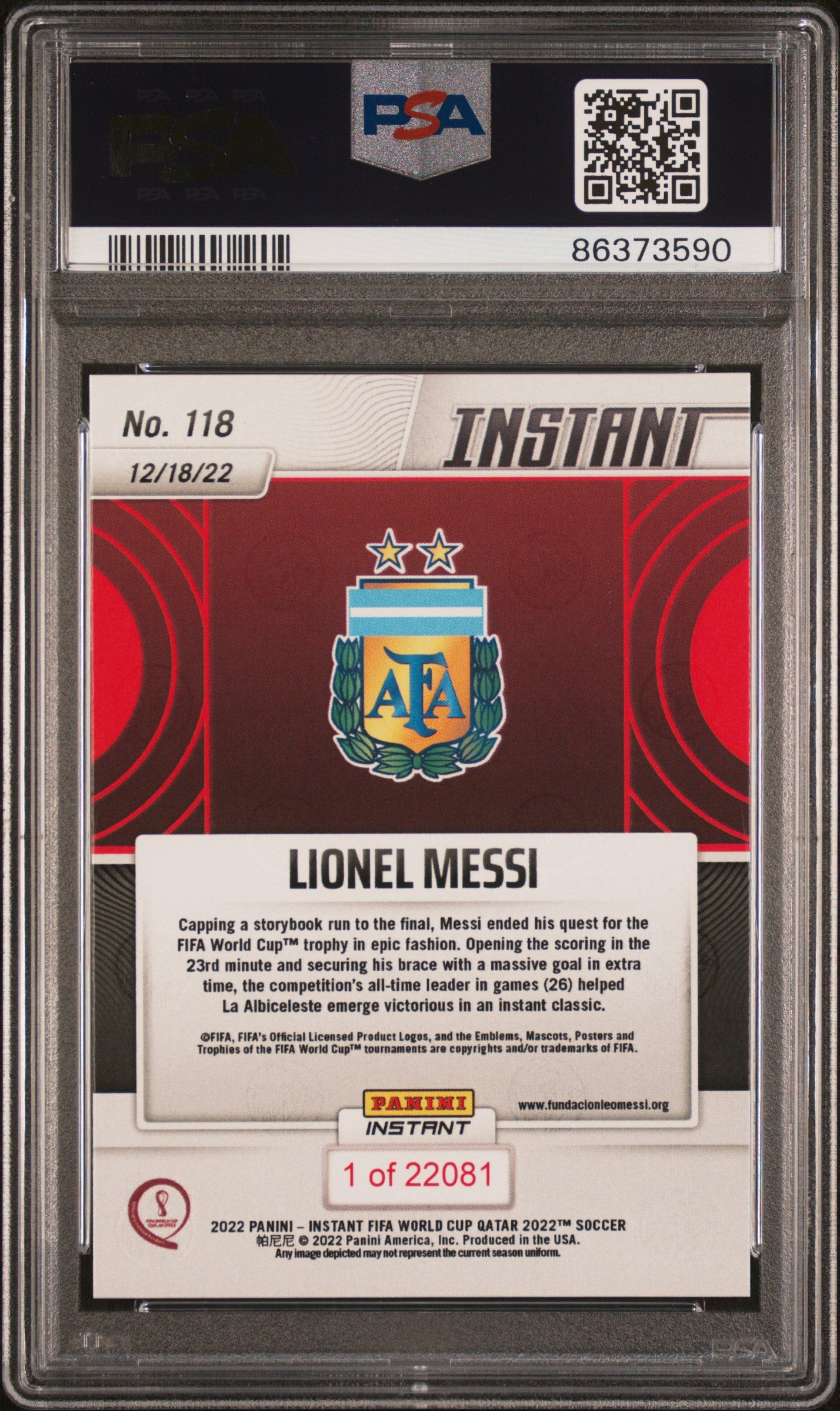 Lionel Messi 2022 Panini Instant FIFA World Cup Champions Qatar Argentina Soccer Card #118 Graded PSA 10 Cert #86373590-Powers Sports Memorabilia
