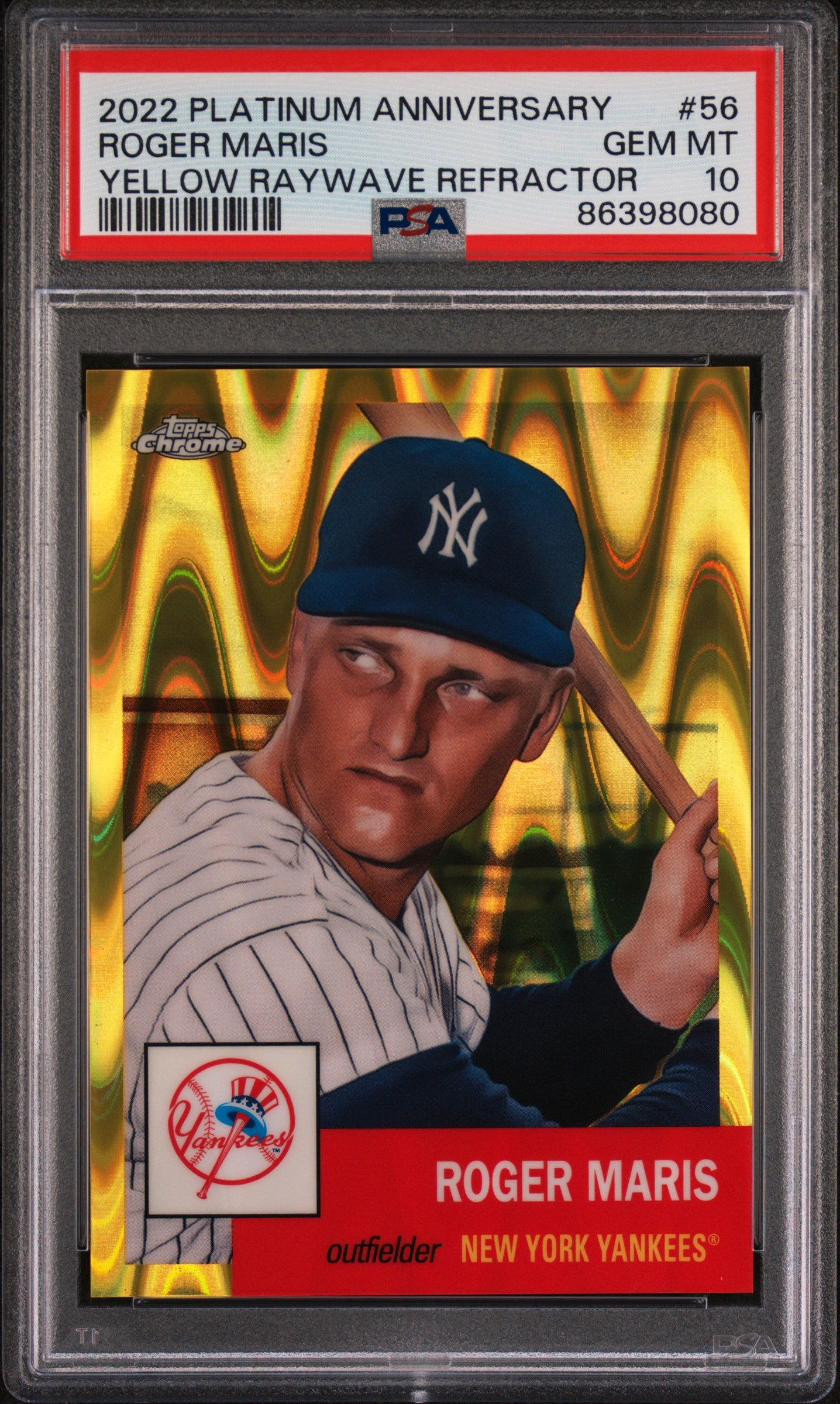 Roger Maris 2022 Topps Chrome Yellow Raywave Refractor Baseball Card #56 Graded PSA 10 9/250-Powers Sports Memorabilia
