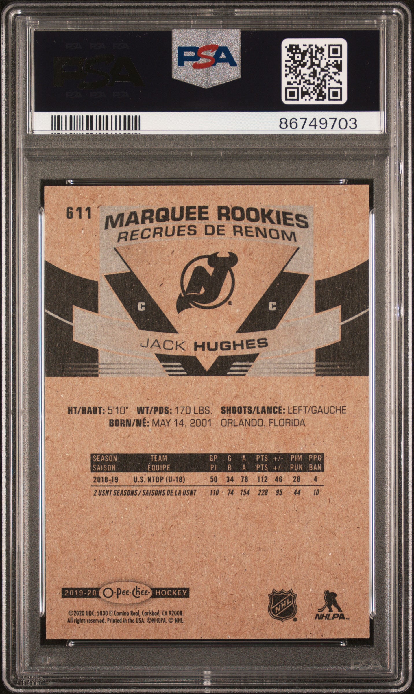 Jack Hughes 2019 Upper Deck O Pee Chee Update Marquee Rookies Hockey Card #611 Graded PSA 8 Cert #86749703-Powers Sports Memorabilia
