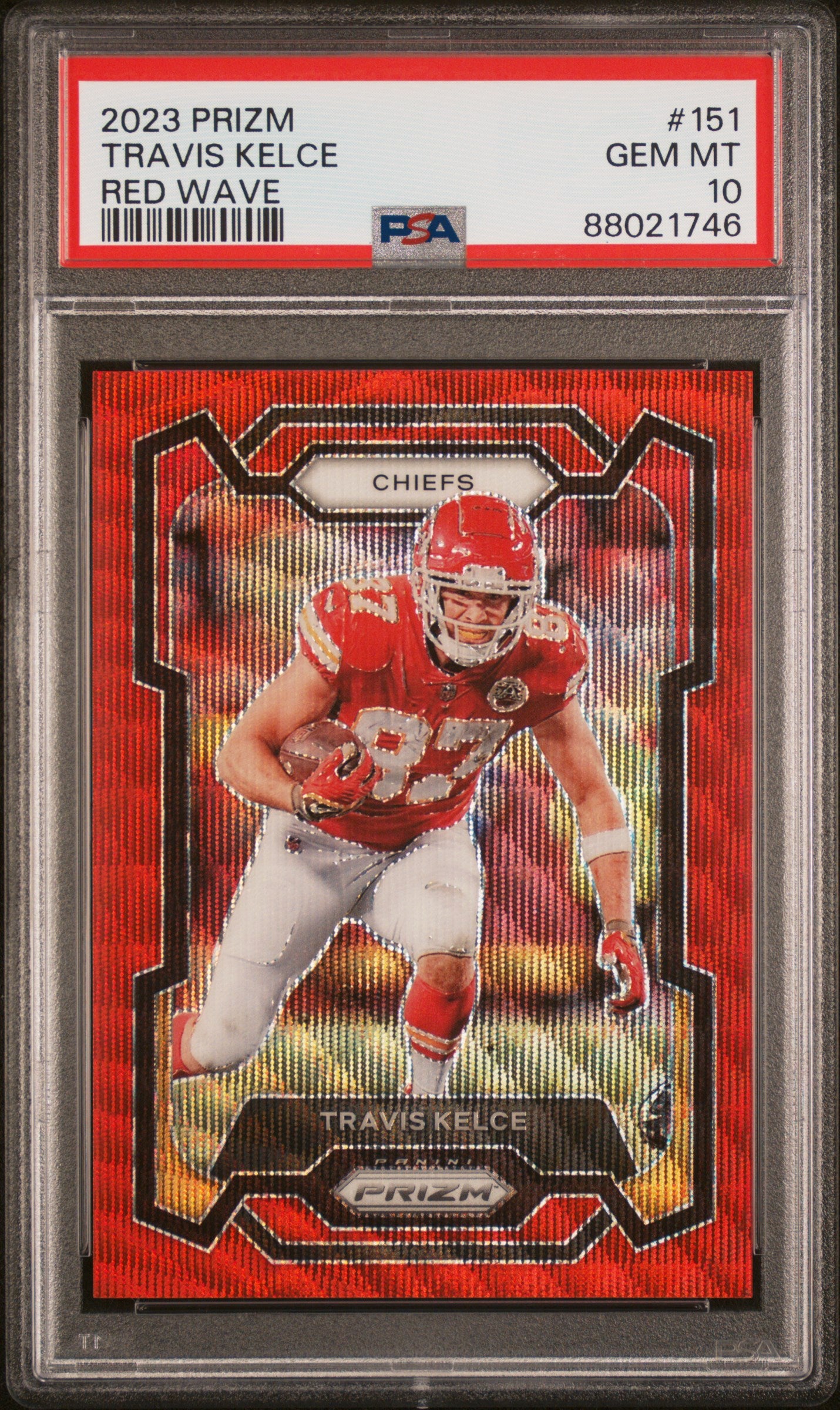 Travis Kelce 2023 Panini Prizm Red Wave Football Card #151 Graded PSA 10 138/149 Cert # 88021746-Powers Sports Memorabilia