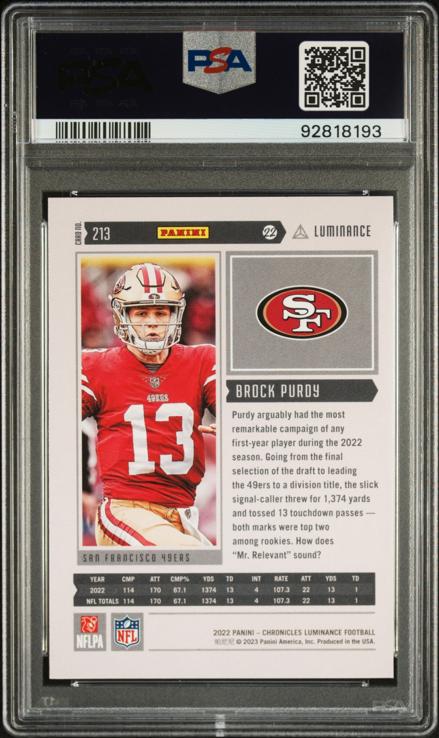 Brock Purdy 2022 Panini Chronicles Luminance Update Rookie Football Card #213 Graded PSA 10 Cert 92818193-Powers Sports Memorabilia