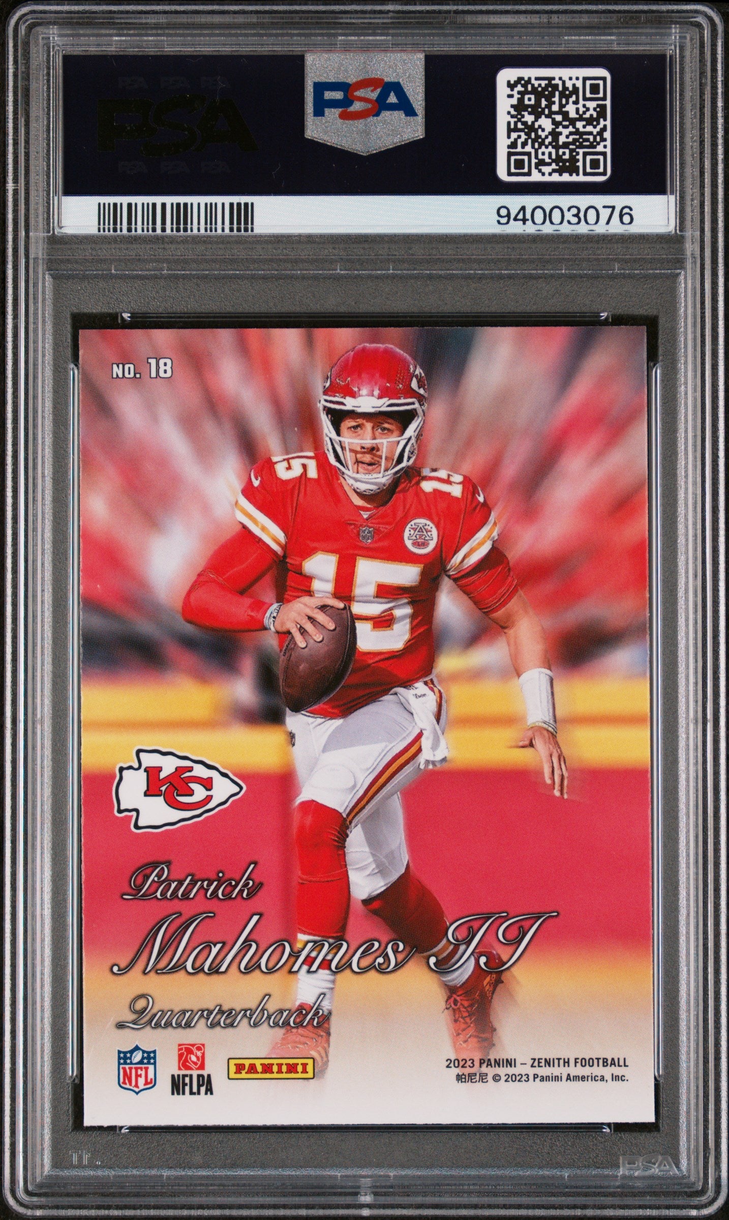 Patrick Mahomes 2023 Zenith 1994 Pacific Red Football Card #18 Graded PSA 10-Powers Sports Memorabilia