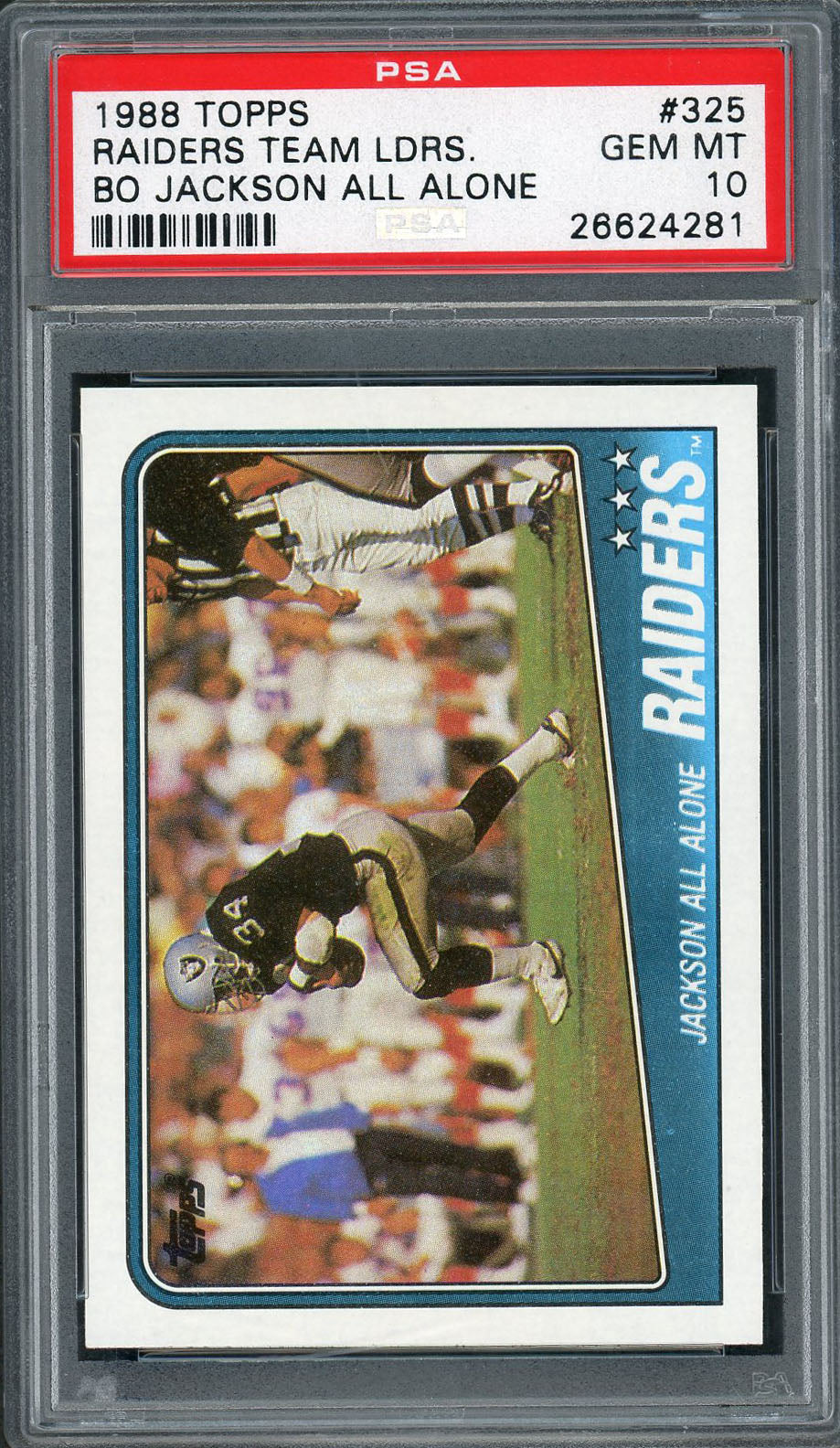 Bo Jackson Los Angeles Raiders 1988 Topps Team Leaders All Alone Football Rookie Card RC #325 Graded PSA 10 GEM MINT-Powers Sports Memorabilia