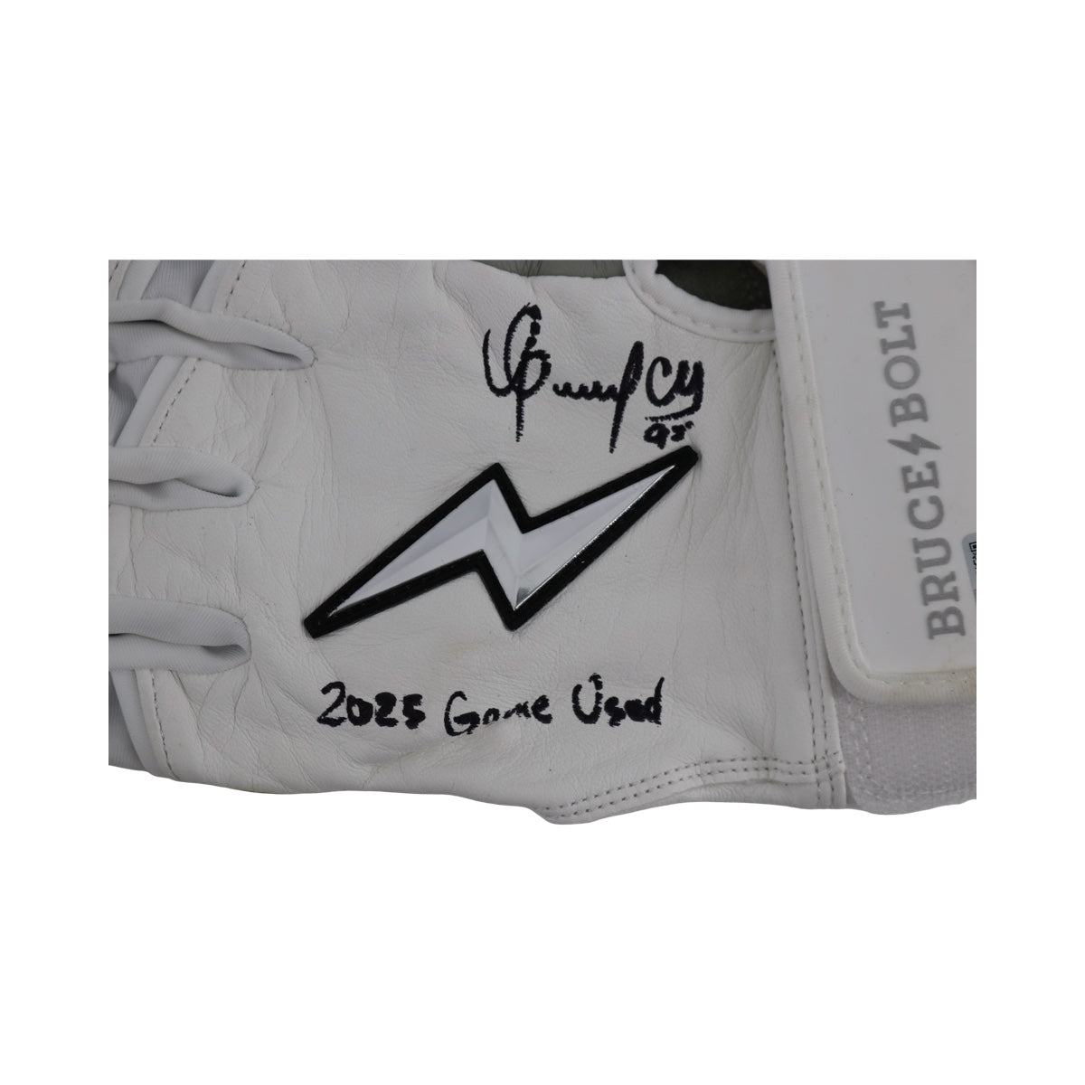 Oswaldo Cabrera New York Yankees Signed Inscribed Bruce Bolt White/Grey 2025 Game Used Gloves-Powers Sports Memorabilia
