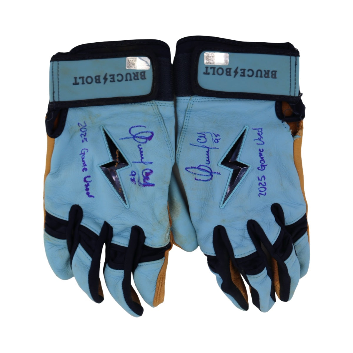 Oswaldo Cabrera New York Yankees Signed Inscribed Bruce Bolt Light Blue/Navy 2025 Game Used Gloves-Powers Sports Memorabilia