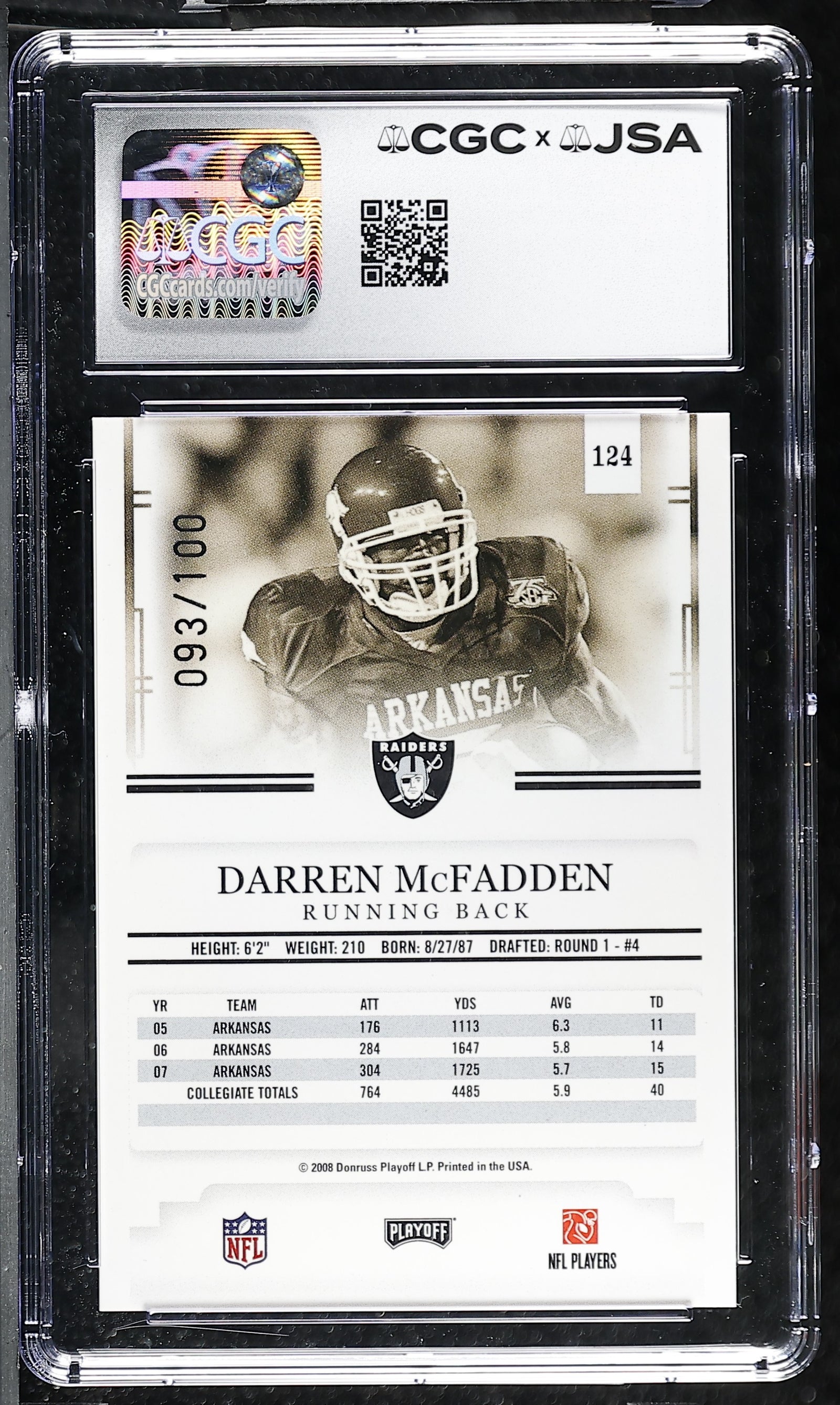 Darren McFadden 2008 Playoff Red Rookie Card #124 CGC JSA 8 Auto 10 93/100-Powers Sports Memorabilia