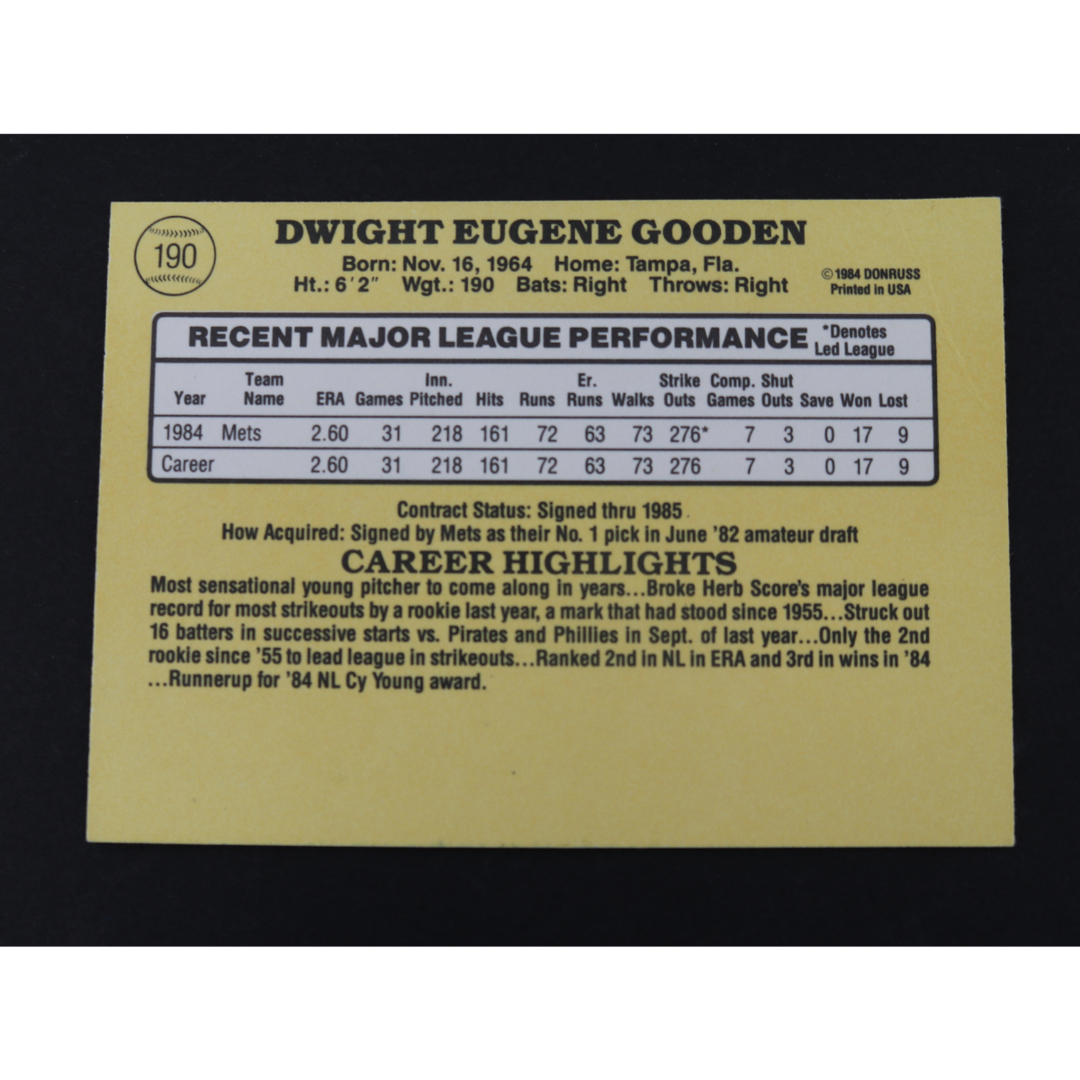 Dwight Doc Gooden New York Mets Signed Inscribed 1985 Donruss #190-Powers Sports Memorabilia