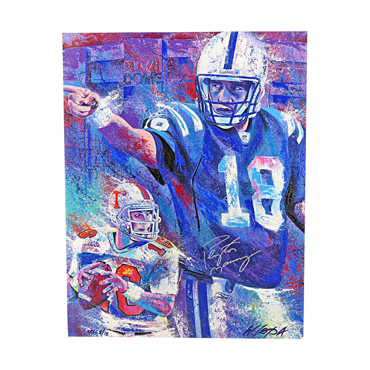 Peyton Manning Indianapolis Colts Signed Bill Lopa Artist Embellished Stretched Canvas LE 2/18-Powers Sports Memorabilia