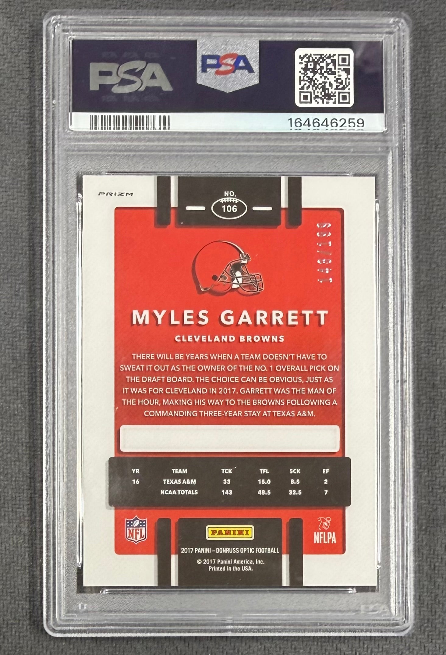 Myles Garrett 2017 Donruss Optic Orange Rookie Card #106 PSA 9 Auto 10 /199-Powers Sports Memorabilia