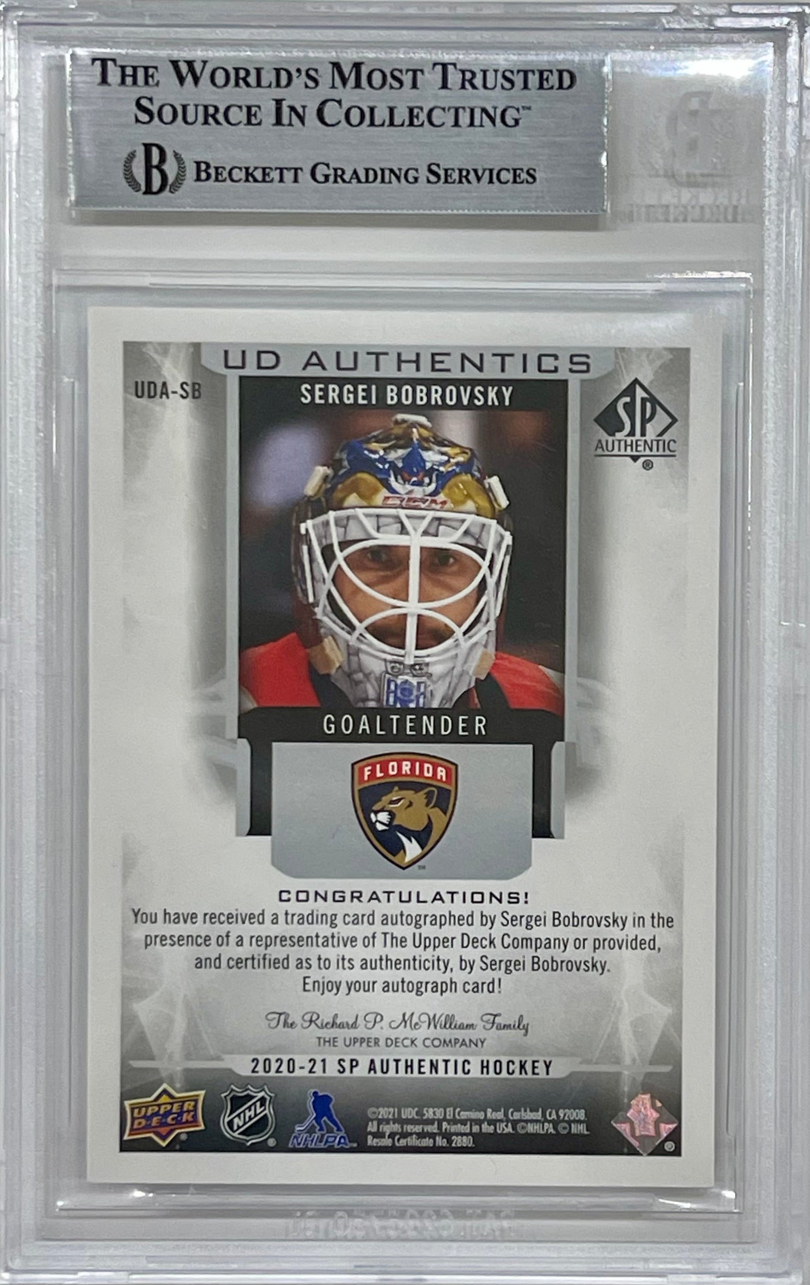 Autographed Sergei Bobrovsky 2020-21 Upper Deck SP Authentic UD Card - Beckett-Powers Sports Memorabilia