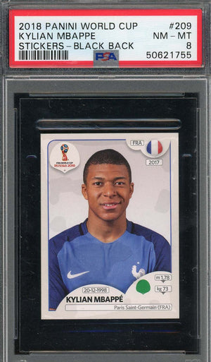 Kylian Mbappe 2018 Panini World Cup Rookie Stickers Black Back Card #209 PSA 8-Powers Sports Memorabilia