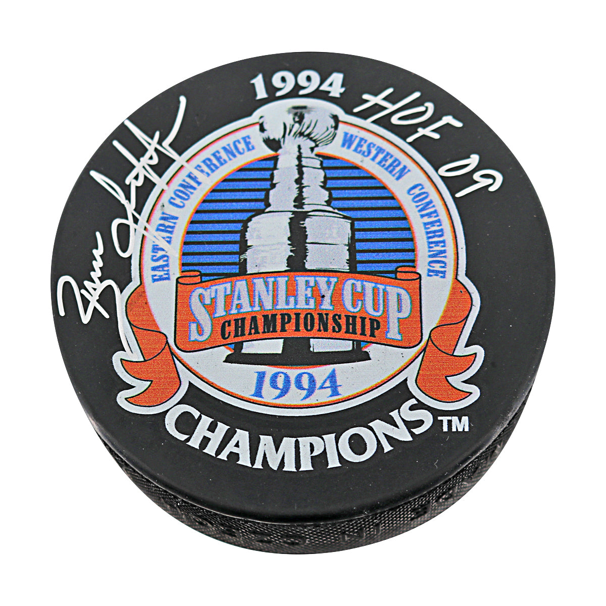 Brian Leetch New York Rangers Signed Inscribed HOF 09 1994 Stanley Cup Champions Puck-Powers Sports Memorabilia