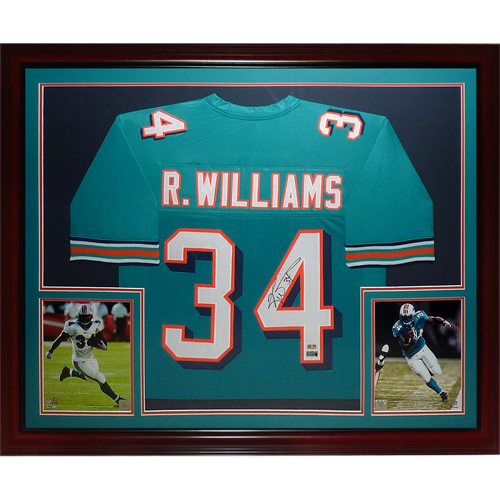 Autographed Ricky Williams Miami Dolphins (Teal #34) Deluxe Framed Jersey - JSA-Powers Sports Memorabilia