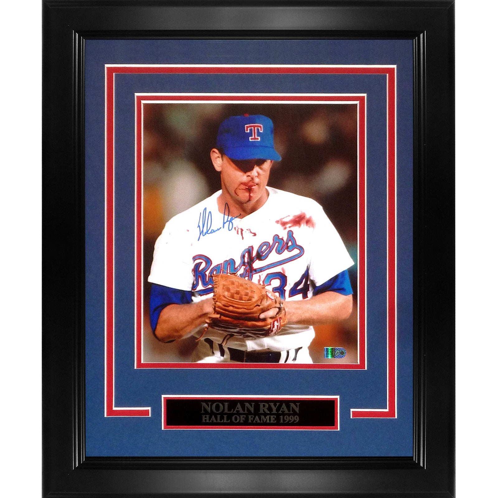 Autographed Nolan Ryan Texas Rangers (Bloody Lip) Deluxe Framed 8x10 Photo - Beckett