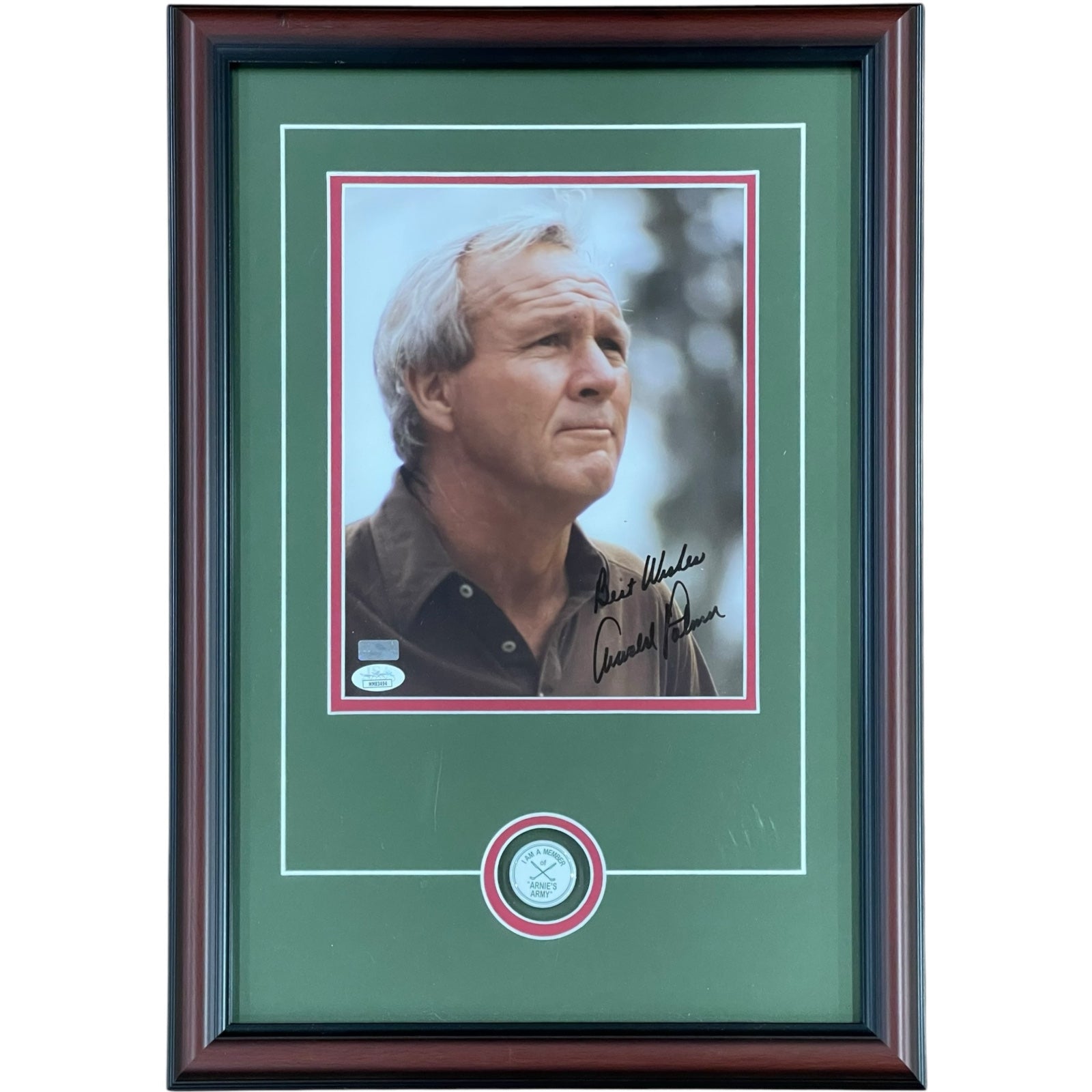 Autographed Arnold Palmer Golf 8x10 Photo Deluxe Framed with Arnie's Army Pin - JSA-Powers Sports Memorabilia