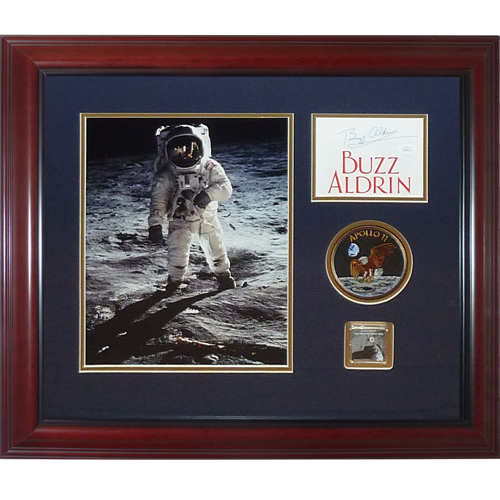 Autographed Buzz Aldrin Apollo 11 Moon Landing Deluxe Frame with 11x14 Photo, Mission Patch and Genuine Moon Rock - JSA-Powers Sports Memorabilia