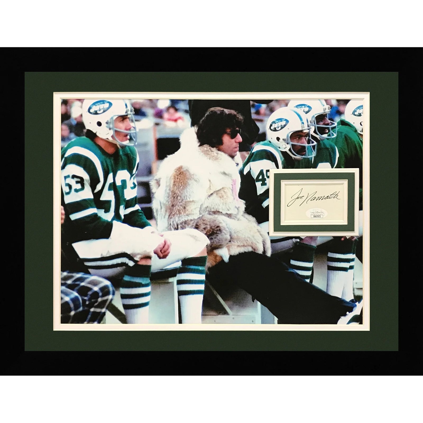Autographed Joe Namath New York Jets (Fur Coat on Bench) Deluxe Framed 11x14 Photo with Floating Matted Signature - JSA-Powers Sports Memorabilia