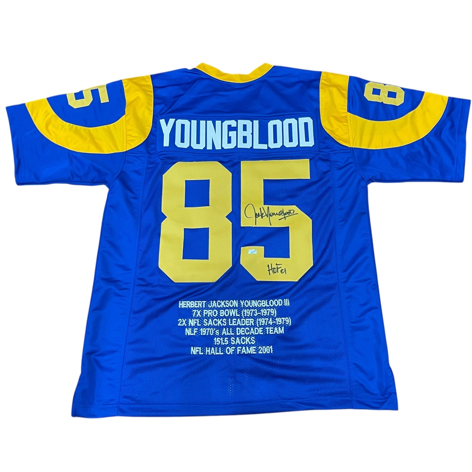 Autographed Jack Youngblood Los Angeles (Blue #85) Career Stat Custom Jersey w/ HOF 01-Powers Sports Memorabilia