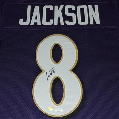 Autographed Lamar Jackson Baltimore (Purple #8) Deluxe Framed Jersey - JSA-Powers Sports Memorabilia