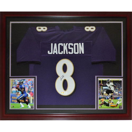 Autographed Lamar Jackson Baltimore (Purple #8) Deluxe Framed Jersey - JSA-Powers Sports Memorabilia