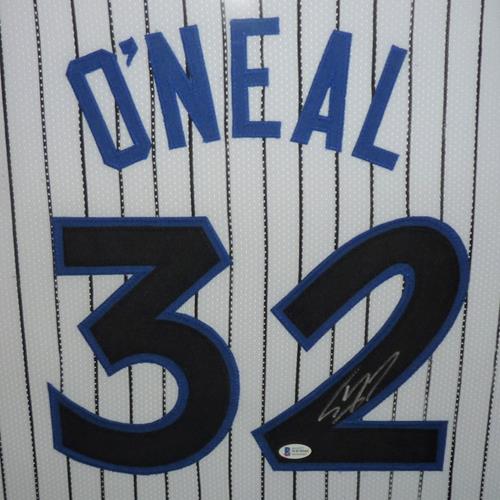 Autographed Shaquille O'Neal Orlando Magic (White Pinstripe #32) Deluxe Framed Jersey - Beckett-Powers Sports Memorabilia