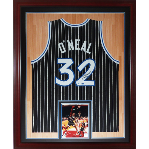 Autographed Shaquille O'Neal Orlando Magic (Black Pinstripe #32) Deluxe Framed Jersey - Beckett-Powers Sports Memorabilia