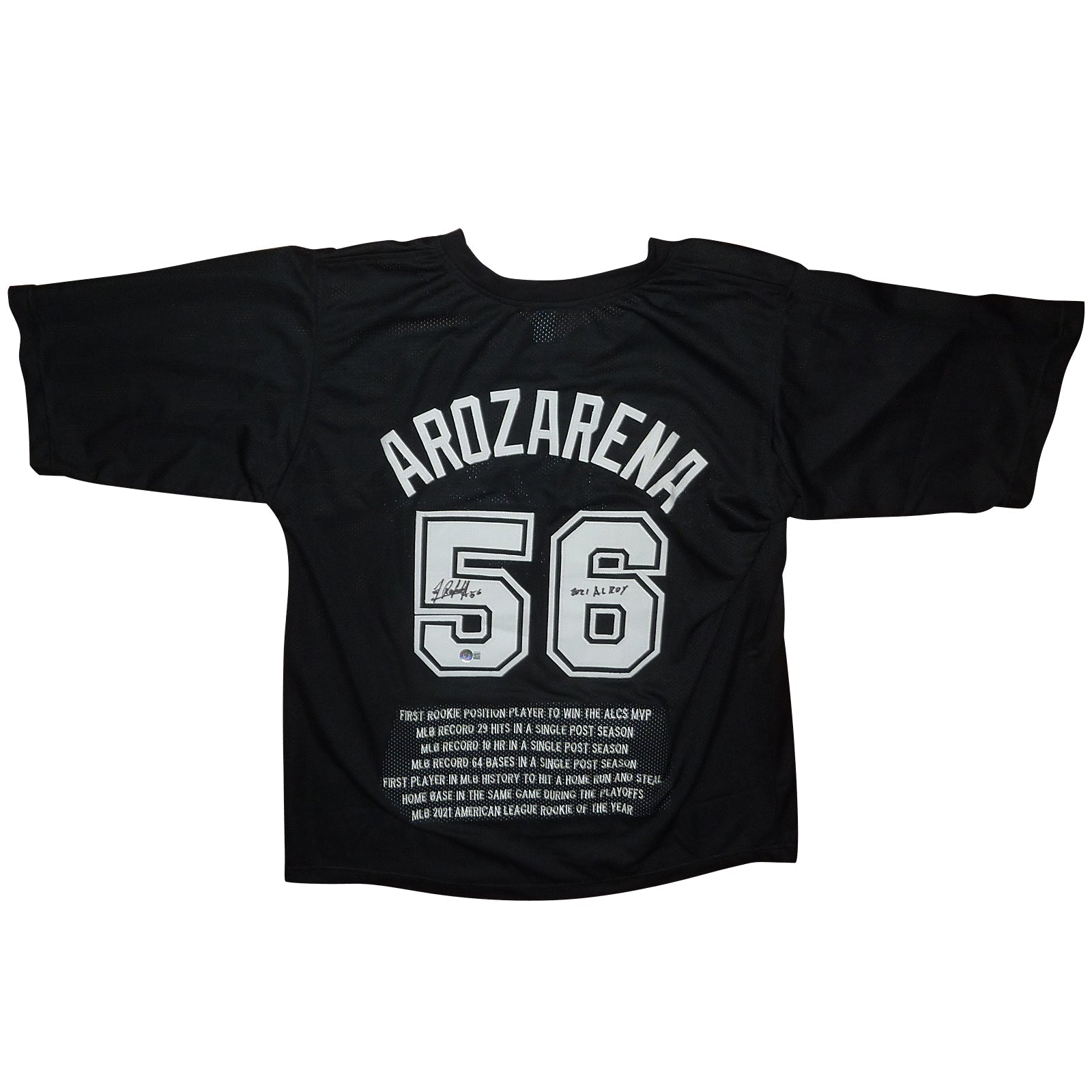 Autographed Randy Arozarena Tampa Bay (Black #56) Custom Jersey w/ Embroidered Stats - Beckett-Powers Sports Memorabilia