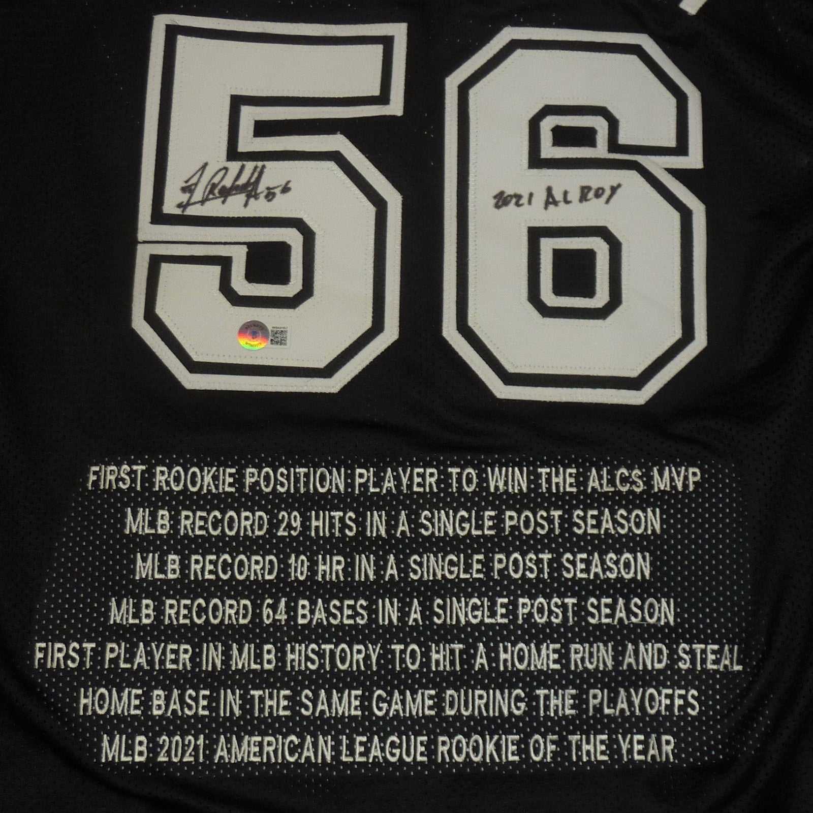 Autographed Randy Arozarena Tampa Bay (Black #56) Custom Jersey w/ Embroidered Stats - Beckett-Powers Sports Memorabilia