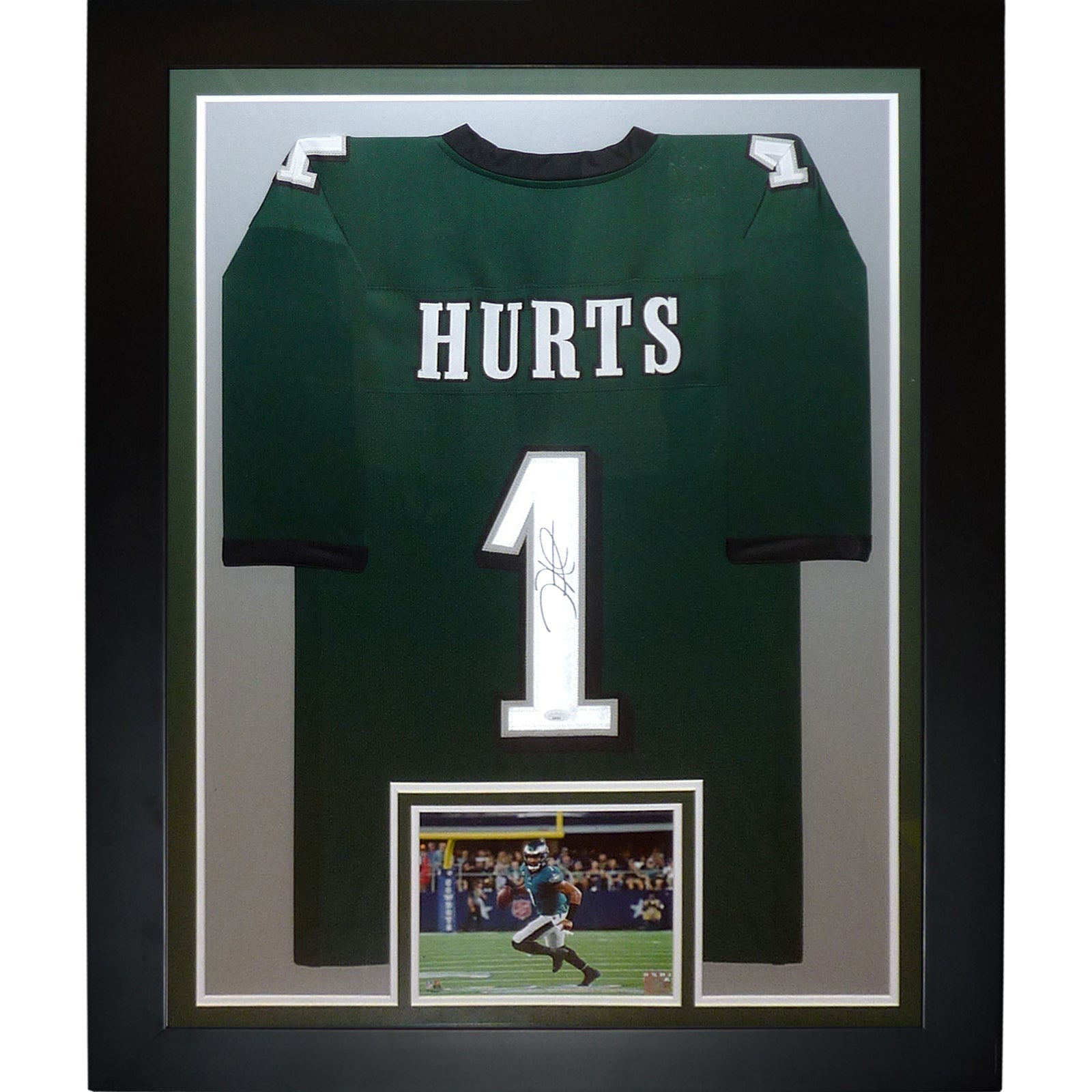 Autographed Jalen Hurts Philadelphia Eagles (Green #1) Deluxe Framed Jersey - JSA-Powers Sports Memorabilia