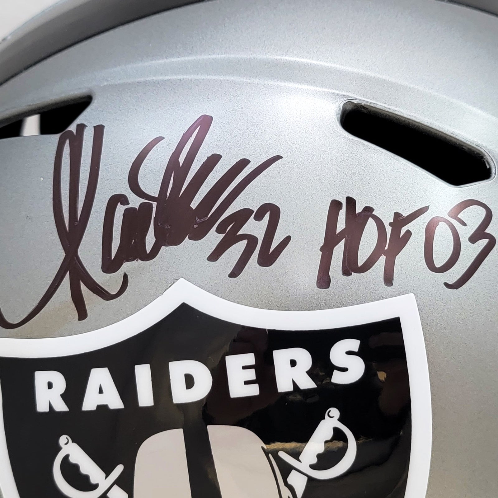 Autographed Marcus Allen Los Angeles Raiders (FLASH Alternate) Deluxe Full-Size Replica Helmet w/ HOF 03 - Beckett-Powers Sports Memorabilia