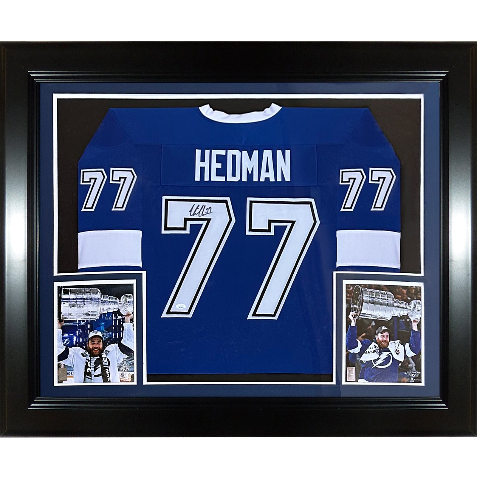 Autographed Victor Hedman Tampa Bay Lightning (Blue #77) Deluxe Framed Jersey - JSA-Powers Sports Memorabilia